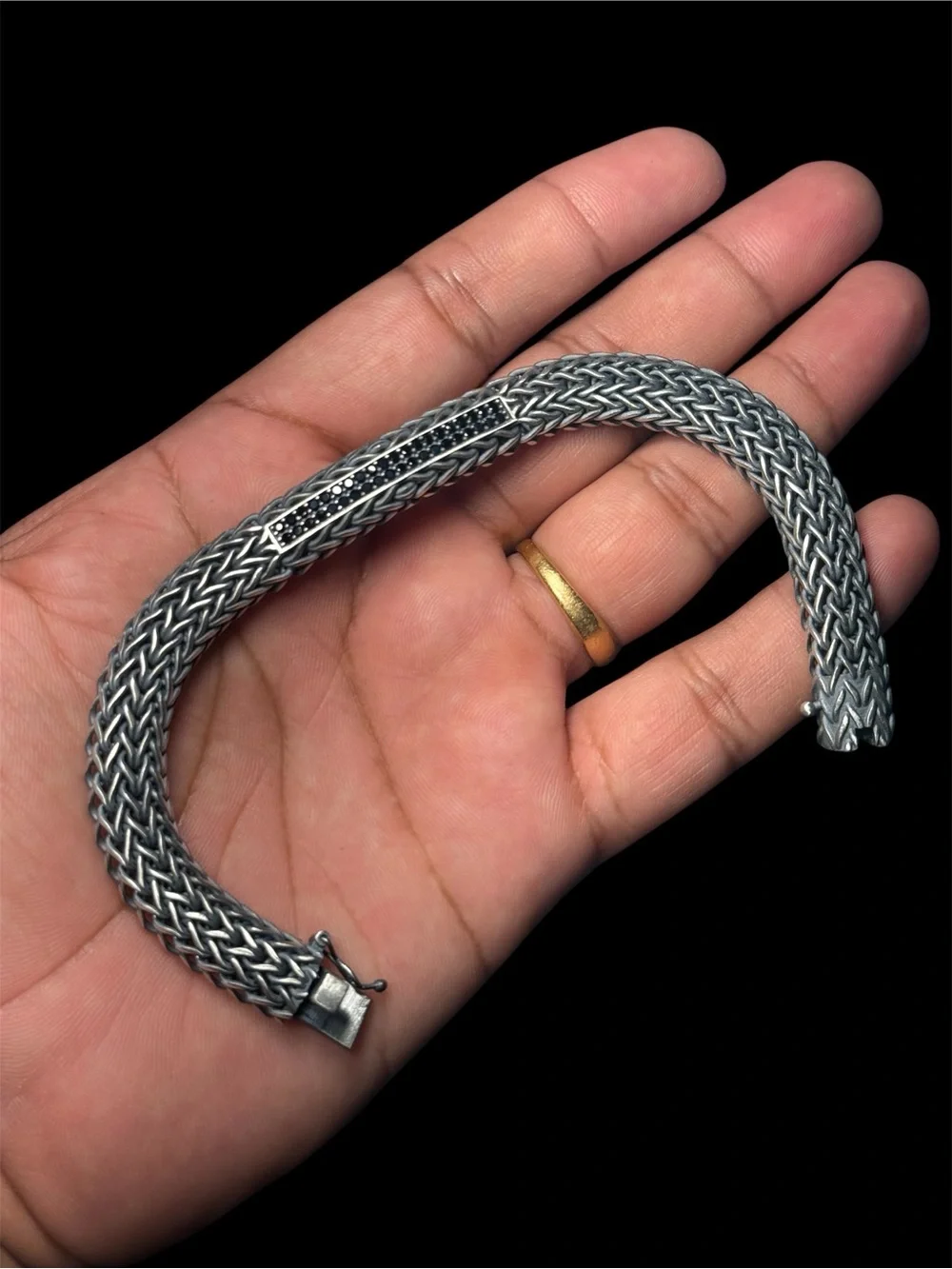 925 Sterling Silver Braided Bracelet with Black Stones – 10.5 mm – 8.2” inches